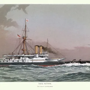 British Royal Navy warship HMS Victoria was the lead ship in her class of two battleships, 19th Century British Royal Navy warship HMS Victoria was the lead ship in her class of two battleships, 19th Century