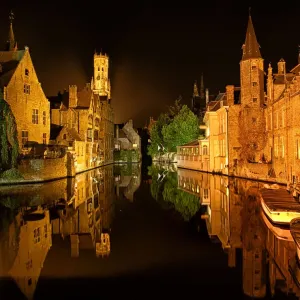 Brugge by Night Print, Beautiful Reflection of Old Town