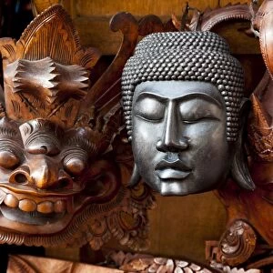 Buddhist and Hindu masks, Ubud, central Bali, Indonesia, Southeast Asia