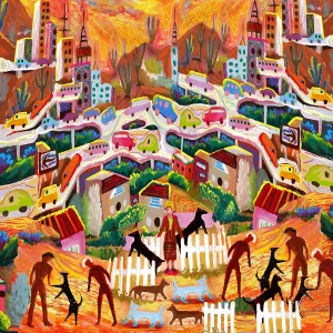 Busy rustic city scene in fantasy desert landscape digital painting illustration