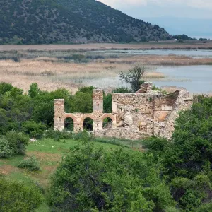 Byazntine basilica on the island of Agios Achilios, Small Prespa Lake, Macedonia, Greece Byazntine basilica on the island of Agios Achilios, Small Prespa Lake, Macedonia, Greece