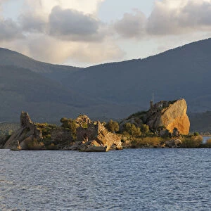 Byzantine fortress on an island in Lake Bafa, Lake Bafa, Mugla Province, Aegean region, Turkey