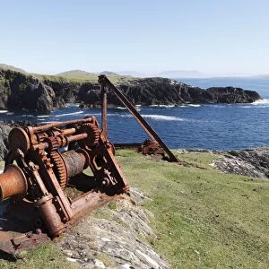 Cable winch, rocky coast in the south of Achill Island, County Mayo, Connacht province, Republic of Ireland, Europe