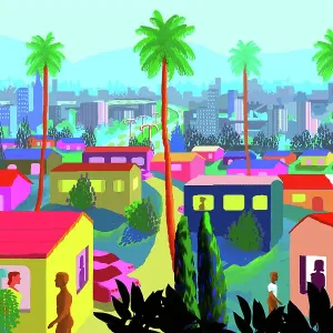 California Suburbs Landscape Illustration in Art Cartoon Style