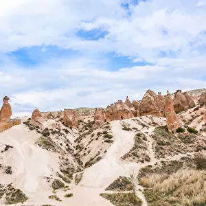 Camel, tufa rock formations some shaped like people and animals, Turkey, Cappadocia