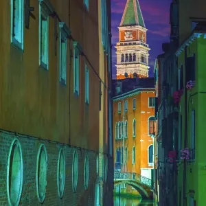 Canal in Venice in the night with the Campanile in the background Canal in Venice in the night with the Campanile in the background