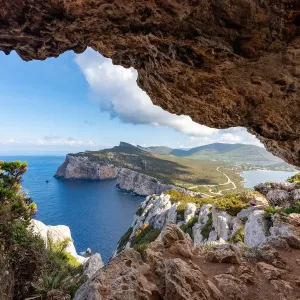 Capo Caccia, blue sea and sky in summertime. Alghero, Sassari district, Sardinia, Italy