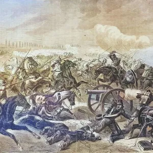 Capture of a French battery by the 7th Prussian Cuerassier Regiment at Mars-la-Tour, illustrated war chronicle 1870-1871, Franco-German campaign, Germany, France Capture of a French battery by the 7th Prussian Cuerassier Regiment at Mars-la-Tour, illustrated war chronicle 1870-1871, Franco-German campaign, Germany, France