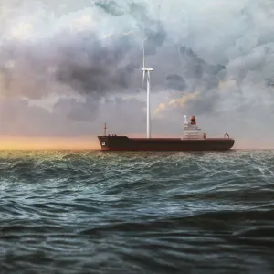 Cargo ship on the sea with a giant wind turbine on the deck