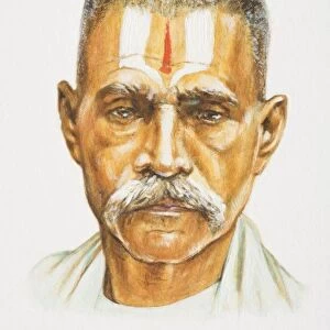 The Caribbeans, head of Asian man with grey moustache and forehead painted with red and white stripes, front view