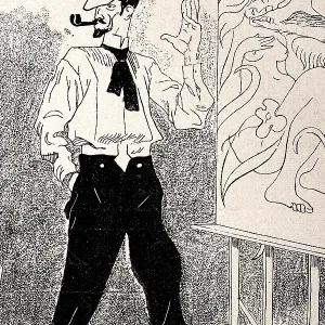 Caricature of an artist standing in front of his latest work of art, smoking pipe, Jugendstil, German Art Nouveau, 1890s, 19th Century Caricature of an artist standing in front of his latest work of art, smoking pipe, Jugendstil, German Art Nouveau, 1890s, 19th Century