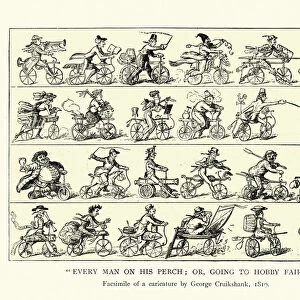 Caricature of early cyclists, history of cycling early 19th Century