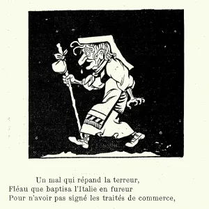 Caricature of an old woman spreading the flu, Vintage French cartoon, Parisians sick with the flu, Les Parisiens Malades De La Grippe, 1890s 19th Century