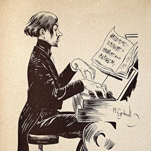 Caricature of Young man, Pianist playing the piano, French, 1890s