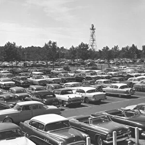 Cars in car park, (B&W), elevated view