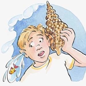 Cartoon of boy holding large conch shell to ear, with surprised expression as fish and water flow from opposite ear