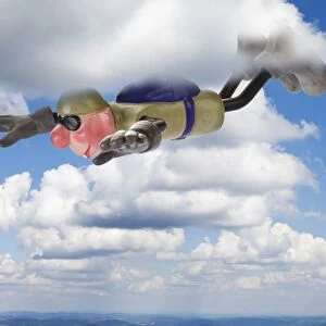 Cartoon character BASE jumper in gliding flight through clouds