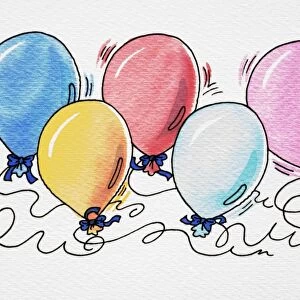 Cartoon, colourful selection of six balloons tied with blue bows and attached to pieces of string