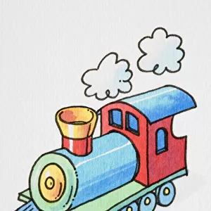 Cartoon, colourful steam train locomotive blowing steam out of its chimney, elevated view