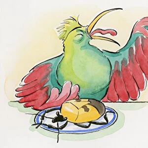 Cartoon of dead Shield bug on plate and chicken grimacing as it spits out a leg of the insect which produces a disgusting tasting liquid and unpleasant smell