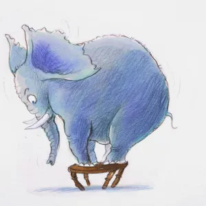 Cartoon elephant standing on small stool, side view