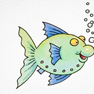 Cartoon, green fish with blue fins and gills, smiling with air bubbles rising from its mouth, side view