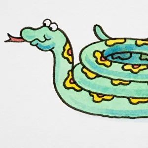 Cartoon, green snake with yellow pattern, coiled with its tongue sticking out, side view