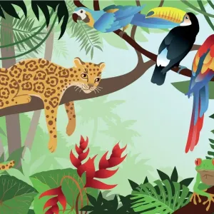 Amazona Jungle Print featuring Leopard, Parrot, and Toucan Amazona Jungle Print featuring Leopard, Parrot, and Toucan