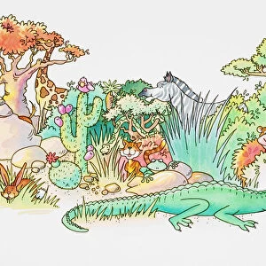 Cartoon, jungle scene with variety of animal species emerging from behind rocks and vegetation, Giraffe, Monkey, Zebra, Cat, Frog, Rabbit, Crocodile, Dog