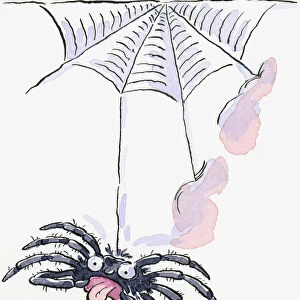 Cartoon of large spider hanging from web and sticking tongue out