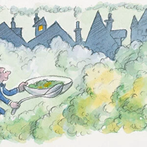 Cartoon of man running on yellowish-green smog caused by smoke from chimneys, holding over-sized bowl of pea soup and spoon