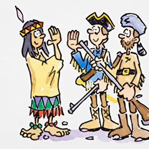 Cartoon of Native American greeting two men
