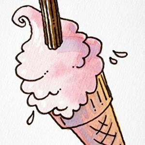 Cartoon, pink ice cream with chocolate flake in wafer cone