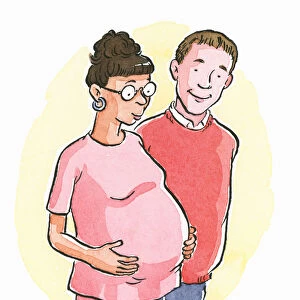 Cartoon of pregnant woman with hands on stomach, and husband, anticipating birth
