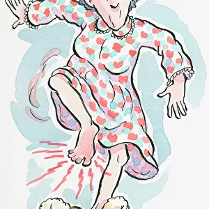 Cartoon of senior woman in nightdress and slippers standing on one leg in pain from paraesthesia, or pins and needles, in raised foot