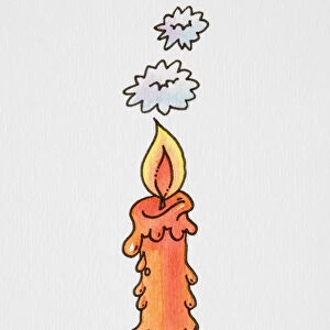 Cartoon, smiling candle on ornate gold candlestick