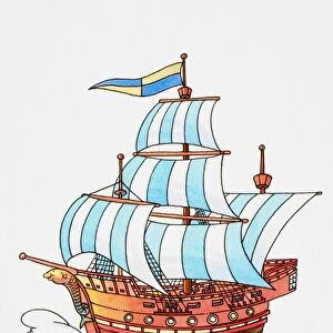 Cartoon, wooden sailing ship sailing on turbulent sea