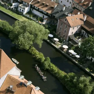 Castle Cesky Krumlov and boats on River Vitava, Czech Republic