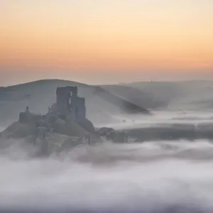 Corfe Castle Print on Misty Autumn Morning, Dorset