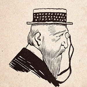 Character sketch of mature man with long beard wearing boater hat and monocle glasses, French 1890s, 19th Century