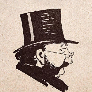 Character sketch of mature man wearing top hat and eyeglasses, sideburns moustache, French 1890s, 19th Century