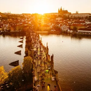 Charles Bridge and Prague skyline seen at sunset, Prague, Czech Republic Charles Bridge and Prague skyline seen at sunset, Prague, Czech Republic