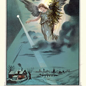 Christmas night, Angel carrying a Christmas tree, Victorian vintage illustration