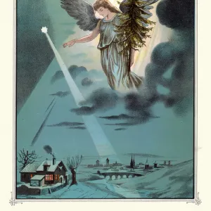 Christmas night, Angel carrying a Christmas tree, Victorian vintage illustration