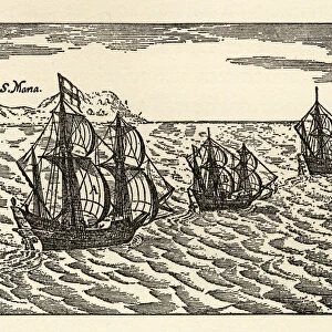Christopher Columbus Sailing Ships Engraving, Circa 1400s