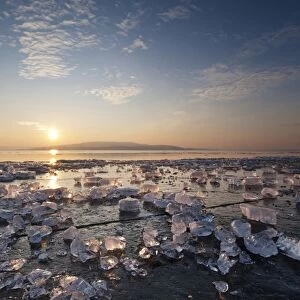 Chunks of ice lying on icy surface on the shore of Reichenau Island at sunset, Baden-Wuerttemberg, Germany, Europe - IMPORTANT Non-exclusive usage, retail calendar, duration Jan. 1, 2016 - Dec. 31, 2016, territory DEU, AUT, CHE -