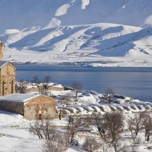 Church of the Holy Cross in snow, Akdamar Island, Anatolia Region, Turkey