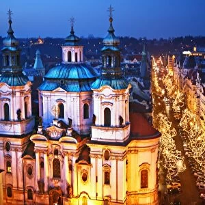 Church lights city street in Prague Czech Republic
