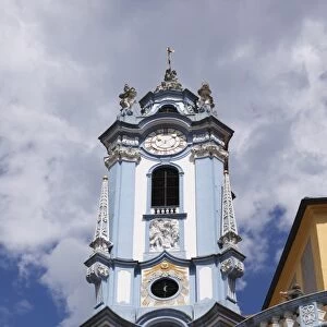 Church spire of the collegiate church, Duernstein, Wachau valley, Waldviertel region, Lower Austria, Austria, Europe