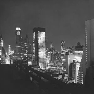 City buildings at night (B&W), elevated view